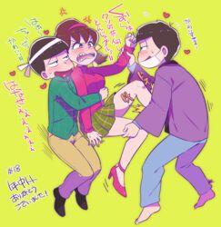  2boys anger_vein angry bad_id bad_twitter_id blush brothers brown_hair female green_background hair_ribbon hairband hanten_(clothes) heart heart_in_mouth high_heels kicking low_twintails mask matsuno_choromatsu matsuno_ichimatsu mouth_mask multiple_boys osomatsu-kun osomatsu-san osomatsu_(series) plaid plaid_shirt plaid_skirt remotarou restrained ribbon sharp_teeth shirt short_twintails siblings simple_background skirt surgical_mask sweatdrop teeth translated turtleneck twintails yowai_totoko 