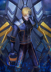  1boy blonde_hair blue_eyes commentary_request gundam gundam_unicorn hui_ming male_focus photoshop_(medium) pilot_suit riddhe_marcenas solo unicorn_gundam_banshee 