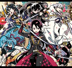  6+boys armor bad_id bad_pixiv_id bandages black_gloves black_hair blue_eyes blue_hair character_name cherry_blossoms cloak doudanuki_masakuni gloves hidakarumen japanese_armor japanese_clothes kashuu_kiyomitsu katana kote letterboxed long_hair male_focus mikazuki_munechika mole mole_under_mouth multiple_boys nail_polish open_mouth partially_fingerless_gloves ponytail red_eyes red_hair red_nails red_scarf sayo_samonji scarf sheath short_sword sword tantou touken_ranbu tsurumaru_kuninaga weapon yamanbagiri_kunihiro 