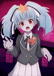  blue_hair cowboy_shot female grey_skirt hoshikawa_lily jacket open_mouth pleated pleated_skirt ponytail red_eyes ribbon skirt solo split_ponytail tagme zombieland_saga 