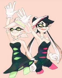  2017 amber_eyes animal_humanoid black_hair breasts callie_(splatoon) cephalopod cephalopod_humanoid cleavage clothed clothing cousins_(lore) digital_media_(artwork) dress duo e503 ear_piercing fangs female gesture gloves hair handwear hi_res highs humanoid inkling marie_(splatoon) marine marine_humanoid markings mole_(marking) mollusk mollusk_humanoid nintendo one_eye_closed open_mouth piercing pose pseudo_hair raised_arm simple_background smile splatoon squid_sisters_(splatoon) standing suction_cup teeth tentacle tentacle_hair waving white_wait wink 