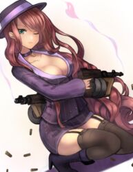  alternate_costume black_thighhighs boots breasts choker cleavage collarbone commentary_request crime_city_miss_fortune female garter_straps green_eyes gun hat high_heel_boots high_heels holding league_of_legends long_hair looking_at_viewer machine_gun mafia medium_breasts miss_fortune_(league_of_legends) one_eye_closed riffey shell_casing skirt smile smoke solo squatting submachine_gun thighhighs thompson_submachine_gun weapon zettai_ryouiki 