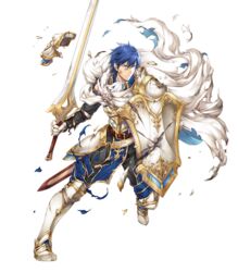  1boy armor armored_boots blue_eyes blue_hair boots brand_of_the_exalt breastplate broken_armor broken_shield cape chrom_(fire_emblem) commentary_request dirty dirty_face faulds fire_emblem fire_emblem_awakening fire_emblem_heroes full_body highres holding holding_sword holding_weapon long_sleeves looking_away male_focus official_art pants parted_lips sheath shield solo sword torn_cape torn_clothes transparent_background weapon white_cape yamada_koutarou 