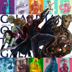  3girls 6+boys alien animification bad_id bad_pixiv_id bald bald_girl carina_(gotg) drax_the_destroyer gamora groot guardians_of_the_galaxy gun iduhara_jugo limited_palette marvel marvel_cinematic_universe mask multiple_boys multiple_girls nebula_(gotg) nova_prime_(gotg) peter_quill raccoon rocket_raccoon ronan_the_accuser sword taneleer_tivan the_collector weapon yondu_udonta 