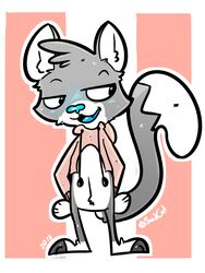  3:4 blush bottomless clothed clothing conditional_dnp dipstick_tail domestic_cat drawyourfursona felid feline felis fur grey_body grey_fur hoodie male mammal markings meme meme_clothing multicolored_tail paws sadcat16hrz simple_background solo sweater tail tail_markings topwear twitter_hoodie 