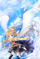  air_(visual_novel) bad_id bad_pixiv_id blonde_hair blue_eyes commentary_request female flower hair_ribbon hinokami_sakura kamio_misuzu long_hair outstretched_arms photoshop_(medium) ponytail ribbon school_uniform solo spread_arms sunflower very_long_hair wings 