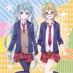  2girls aqua_eyes aqua_hair blazer commentary_request glasses green_eyes green_hair gumi hatsune_miku holding_hands jacket long_hair moco multiple_girls necktie open_mouth pantyhose school_uniform skirt smile socks sweater twintails very_long_hair vocaloid 