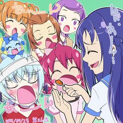  1boy 5girls aida_mana bandages blue_hair blue_sailor_collar blush blush_stickers brown_hair casual closed_eyes commentary_request dokidoki!_precure feeding food hair_ornament hairclip hishikawa_rikka ira_(dokidoki!_precure) kenzaki_makoto madoka_aguri multiple_girls omelet omurice open_mouth pink_hair pink_shirt precure purple_eyes purple_hair rakeru_(dokidoki!_precure) sailor_collar shirt short_hair translated yoshimune yotsuba_alice 