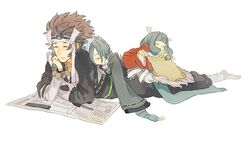  1boy 2girls azama_(fire_emblem) blue_hair commentary_request fire_emblem fire_emblem_fates japanese_clothes lying lying_on_person mitama_(fire_emblem) multiple_girls newspaper on_stomach setsuna_(fire_emblem) shourou_kanna simple_background white_background 