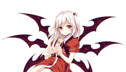  absurdres black_bow black_bowtie bow bowtie capelet demon_wings dress eien_no_juu_nana-sai eyes_visible_through_hair female flower frills hair_bobbles hair_ornament hairbow highres holding holding_flower ke-ta_(style) long_hair looking_at_viewer multiple_wings one_side_up own_hands_together reclining red_capelet red_dress red_eyes shinki_(touhou) short_dress simple_background solo touhou touhou_(pc-98) upper_body white_background white_hair wings 