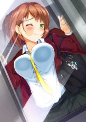  against_glass bag between_breasts black_skirt blazer blush breast_press breasts breasts_on_glass brown_hair cheek_on_glass cheek_press closed_mouth commentary_request dutch_angle female green_eyes hair_ornament hairclip hands_up highres imouto-chan_to_taka-kun jacket large_breasts looking_at_viewer necktie necktie_between_breasts one_eye_closed open_clothes open_jacket original pleated_skirt school_bag school_uniform short_hair shoulder_bag skirt solo train_interior uniform uzuki_hiro 