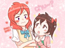  2girls :o ? blue_bow blue_bowtie blush bow bowtie brown_eyes brown_hair crossed_arms embarrassed finger_to_mouth friedbun green_bow green_bowtie hairbow hand_on_another&#039;s_arm heart long_sleeves looking_at_another love_live! love_live!_school_idol_project multiple_girls nishikino_maki otonokizaka_school_uniform pink_background purikura purple_eyes red_bow red_hair school_uniform shirt short_sleeves sparkle striped_bow striped_bowtie striped_clothes sweatdrop sweater_vest swept_bangs text_focus upper_body white_shirt yazawa_nico yuri 