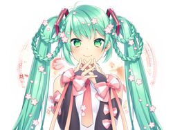  bad_id bad_pixiv_id bare_shoulders blush bow braid braided_hair_rings bridal_gauntlets closed_mouth commentary_request female green_eyes green_hair hair_ornament hair_rings hatsune_miku levka long_hair looking_at_viewer necktie pink_bow pink_necktie shirt sidelocks sleeveless sleeveless_shirt smile solo striped striped_bow twintails very_long_hair vocaloid white_background white_shirt 