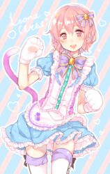  1boy animal_hands bad_id bad_pixiv_id blush bow braid cat_paws cat_tail character_name crossdressing cursive dress male_focus mole mole_under_eye nerunnn open_mouth otoko_no_ko paw_pose pink_eyes pink_hair pretty_series pripara reona_west smile solo tail thighhighs white_thighhighs 