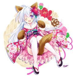  ;d ahoge alternate_costume animal_ears animal_hands blue_hair commentary_request female floral_print flower full_body furisode gloves hair_flower hair_ornament japanese_clothes kimono long_hair looking_at_viewer nonno official_art one_eye_closed open_mouth paw_gloves purple_eyes smile solo tail tail_censor thighhighs tokinon white_thighhighs x-overd 