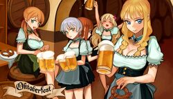  &gt;_&lt; 5girls :d absurdres alcohol apron arms_up back-to-back bad_id bad_pixiv_id barrel beer beer_mug bismarck_(kancolle) blonde_hair blue_eyes blush braid breasts brown_hair choker cleavage closed_eyes closed_mouth cross cup dirndl dress drunk food german_clothes german_text gom_(kooskoo) green_eyes grey_hair hair_ornament highres holding holding_cup holding_food indoors iron_cross kantai_collection large_breasts long_hair looking_at_viewer mug multiple_girls oerba_yun_fang oktoberfest open_mouth orange_hair plate pretzel prinz_eugen_(kancolle) puffy_short_sleeves puffy_sleeves ro-500_(kancolle) short_hair short_sleeves sitting smile spill standing table twin_braids twintails underbust waist_apron z1_leberecht_maass_(kancolle) z1_leberecht_maass_(oktoberfest_mode)_(kancolle) z3_max_schultz_(kancolle) 