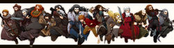  6+boys absurdres arrow_(projectile) axe balin bear beard bifur bilbo_baggins black_hair blonde_hair bofur bombur braid braided_beard brown_hair commentary dori_(the_hobbit) dwalin facial_hair fili gloin grey_hair hammer hat highres kili_(the_hobbit) long_hair male_focus multicolored_hair multiple_boys nashi_y nori_(the_hobbit) oin ori_(the_hobbit) photoshop_(medium) red_hair short_hair sword the_hobbit thorin_oakenshield tolkien&#039;s_legendarium two-tone_hair weapon white_hair 