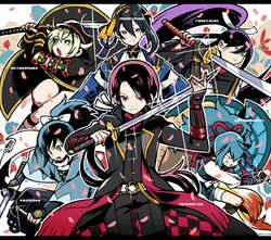  6+boys armor bad_id bad_pixiv_id blue_eyes blue_hair bridal_gauntlets character_name cherry_blossoms green_eyes green_hair haori hidakarumen hotarumaru japanese_armor japanese_clothes kashuu_kiyomitsu katana kote legwear_garter letterboxed long_hair male_focus mikazuki_munechika mole mole_under_eye mole_under_mouth multiple_boys nail_polish open_mouth ponytail purple_hair red_eyes red_hair red_nails red_scarf sayo_samonji scarf shinsengumi shorts socks sword tarou_tachi touken_ranbu weapon white_scarf yamato-no-kami_yasusada 