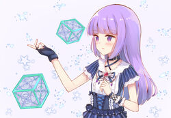  aikatsu! aikatsu!_(series) black_gloves blue_dress blush commentary_request cube dress female fingerless_gloves fingernails gloves hand_up hikami_sumire long_hair looking_away makiaato parted_lips purple_eyes purple_hair short_sleeves single_fingerless_glove solo star_(symbol) striped_clothes striped_dress vertical-striped_clothes vertical-striped_dress very_long_hair 