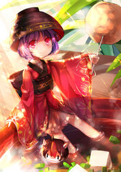  blush bowl bowl_hat character_doll commentary_request female hat holding holding_needle horns japanese_clothes kijin_seija kimono long_sleeves looking_at_viewer needle obi outstretched_arm photoshop_(medium) purple_hair red_eyes ribbon rokusai sash short_hair sitting smile solo sukuna_shinmyoumaru sunlight touhou wide_sleeves 