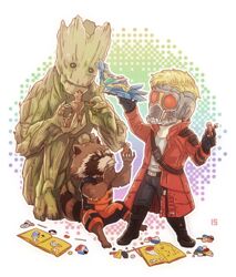  1boy animification bad_id bad_pixiv_id book character_doll chibi groot guardians_of_the_galaxy iduhara_jugo lego marvel marvel_cinematic_universe mask peter_quill raccoon rocket_raccoon 