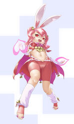  animal_ears bad_id bad_pixiv_id barefoot bell bike_shorts black_light cape elbow_gloves feet female full_body gloves hair_bell hair_ornament heart highres leg_warmers midriff navel open_mouth original pink_hair rabbit_ears red_eyes short_hair short_twintails solo toeless_legwear toes twintails waist_cape 