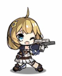  animated animated chibi dual_wielding female full_body girls&#039;_frontline gloves gun hairband handgun holding holding_gun holding_weapon lowres m1911 m1911_(girls&#039;_frontline) m1911_(mod3)_(girls&#039;_frontline) official_alternate_costume official_art one_eye_closed saru simple_background skirt smile solo twirling_gun twirling_weapon weapon white_background 