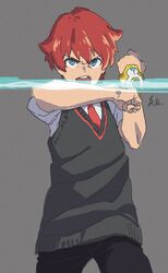  1boy acceptor blue_eyes commentary_request cowboy_shot crossed_arms grey_background gridman_universe handa_shuuhei hibiki_yuuta highres looking_at_viewer male_focus necktie open_mouth red_hair red_necktie school_uniform simple_background solo ssss.gridman sweater_vest teeth upper_teeth_only 