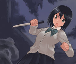  akemiho_tabi_nikki bad_id bad_pixiv_id black_hair female gendai_ninjakko_zukan green_eyes knife kouno_hikaru looking_at_viewer momochi_momoka open_mouth short_hair solo weapon 