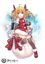  :d ahoge animal_ears antlers azur_lane bare_shoulders black_gloves black_thighhighs blonde_hair blue_eyes blush boots camera commentary_request copyright_name deer_ears dress elbow_gloves female fingerless_gloves fur-trimmed_boots fur-trimmed_dress fur-trimmed_gloves fur-trimmed_legwear fur_collar fur_trim gloves gridley_(azur_lane) gridley_(christmas_photoshoot)_(azur_lane) hair_between_eyes holding holding_camera holding_sack horns looking_at_viewer official_alternate_costume official_art open_mouth red_dress red_footwear reindeer_antlers ringlets sack shenbei_xiaoqiu sleeveless sleeveless_dress smile solo star_(symbol) teeth thighhighs twintails upper_teeth_only 