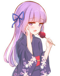  aikatsu! aikatsu!_(series) blue_ribbon blush candy_apple commentary_request female floral_print food hair_ribbon hand_in_own_hair hand_up hikami_sumire holding holding_food japanese_clothes kimono long_hair long_sleeves looking_at_viewer makiaato obi open_mouth print_kimono purple_eyes purple_hair purple_kimono ribbon sash simple_background solo very_long_hair white_background wide_sleeves 