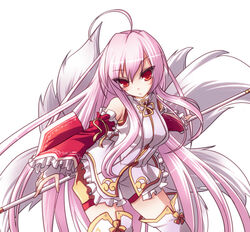  ahoge alternate_color ara_haan ara_haan_(celestial_fox) commentary_request detached_sleeves elsword eun_(elsword) expressionless female fox_tail frills hisui_(syarute) little_hsien_(elsword) long_hair multiple_tails photoshop_(medium) pink_hair red_eyes red_sleeves shirt solo staff tail thighhighs white_background 