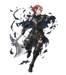  1boy arm_guards armor armored_boots axe battle_axe black_armor black_capelet boots breastplate broken_armor broken_mask cape capelet clenched_teeth commentary_request elbow_pads fire_emblem fire_emblem_awakening fire_emblem_heroes full_body gerome_(fire_emblem) gloves highres holding holding_weapon indesign leg_up long_sleeves looking_away male_focus mask official_art pants pelvic_curtain red_eyes red_hair scar solo teeth torn_cape torn_clothes transparent_background vambraces weapon 