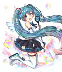  aqua_hair blue_eyes boots commentary elbow_gloves female fingerless_gloves from_side full_body gamathx gloves hatsune_miku highres long_hair looking_at_viewer magical_mirai_(vocaloid) magical_mirai_miku magical_mirai_miku_(2017) nail_polish open_mouth solo thigh_boots thighhighs twintails very_long_hair vocaloid white_footwear white_gloves white_thighhighs wings zettai_ryouiki 