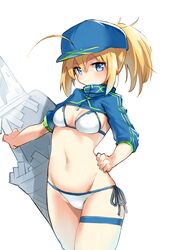  ahoge artoria_pendragon_(all) bikini blonde_hair blue_eyes blush breasts cowboy_shot fate_(series) female hat long_hair looking_at_viewer medium_breasts mysterious_heroine_xx_(foreigner) navel ponytail solo standing string_bikini swimsuit tagme 