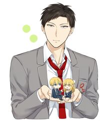  2boys bad_id bad_pixiv_id black_hair blonde_hair blue_eyes bow brown_eyes chibi female gekkan_shoujo_nozaki-kun hairbow mamiko_(koi_shiyou!) mery_(yangmalgage) mini_person miniboy minigirl multiple_boys necktie nozaki_umetarou school_uniform serafuku smile suzuki_saburou_(koi_shiyou!) yellow_eyes 