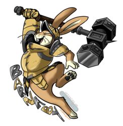  2017 alpha_channel anthro armello armor barnaby_(armello) bottomless buckteeth closed_eyes clothed clothing eevachu hammer lagomorph league_of_geeks leporid male mammal open_mouth rabbit simple_background solo teeth tools transparent_background whiskers 