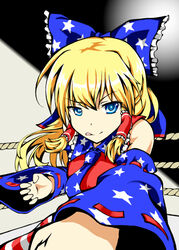  :q alternate_color alternate_hair_color american_miko bad_id bad_pixiv_id blonde_hair blue_eyes blue_sleeves bow boxing_ring commentary_request detached_sleeves female hairbow hakurei_reimu kamiya_ueshi long_hair looking_at_viewer partial_commentary smile solo tongue tongue_out touhou united_states 