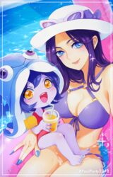  2girls aoko_(torisoboro) bare_legs bikini blue_eyes blue_hair blue_nails blush breasts caitlyn_(league_of_legends) cleavage colored_skin commentary_request drink drinking_straw half-closed_eyes hat highres innertube league_of_legends looking_at_viewer lulu_(league_of_legends) medium_breasts multiple_girls nail_polish oerba_yun_fang one-piece_swimsuit open_mouth partially_submerged pink_lips pink_one-piece_swimsuit pool pool_party_(league_of_legends) pool_party_caitlyn pool_party_lulu purple_bikini purple_hair purple_skin selfie sitting sitting_on_lap sitting_on_person smile sparkle sunglasses swim_ring swimsuit tentacle toenail_polish toenails water yellow_eyes yordle 