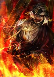  1boy bad_id bad_pixiv_id bandages fire hadanugi_dousa iduhara_jugo japanese_clothes kimono male_focus manly open_clothes open_kimono rurouni_kenshin shishio_makoto solo 