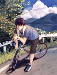  1boy arakita_yasutomo artist_name bent_over bicycle black_hair blue_sky bottle cloud day full_body grass lake male_focus mountain outdoors pepsi sangcoon shadow shorts sky soda_bottle solo sweat towel tree yowamushi_pedal 