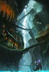  boat bridge canyon city city_lights commentary fantasy gondola highres holding lamppost looking_up original outdoors river robe scenery sorakuma_(oycue41) water watercraft 