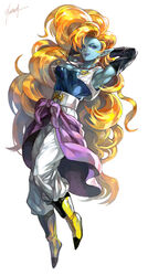  armpits arms_behind_head bad_id bad_pixiv_id blue_skin boots breasts cleavage colored_skin curly_hair detached_sleeves dragon_ball dragon_ball_z earrings female jewelry kim_yura_(goddess_mechanic) long_hair medium_breasts necklace orange_hair pants photoshop_(medium) pointy_ears purple_eyes solo very_long_hair vest zangya 