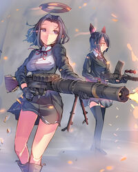  2girls black_dress black_gloves black_legwear black_skirt cardigan checkered_necktie commentary_request daito dress finger_on_trigger firing gloves gun hair_intakes hair_over_one_eye halo headgear kantai_collection lewis_gun long_sleeves machine_gun mechanical_halo multiple_girls necktie pleated_skirt purple_eyes purple_hair short_hair skirt tatsuta_(kancolle) tenryuu_(kancolle) thighhighs type_92_(light_machine_gun) type_96_light_machine_gun weapon yellow_eyes 