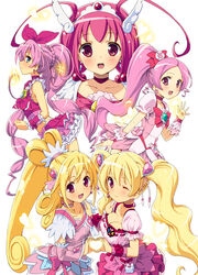  5girls :d ;) aida_mana blonde_hair blush bow brooch choker color_connection commentary_request cure_blossom cure_happy cure_heart cure_melody cure_peach dokidoki!_precure fresh_precure! glowing hair_ornament hanasaki_tsubomi heart heart_brooch heart_hair_ornament heart_hands heart_hands_duo heartcatch_precure! high_ponytail homing_(areya) hoshizora_miyuki houjou_hibiki in-franchise_crossover jewelry momozono_love multiple_girls musical_note one_eye_closed open_mouth pink_arm_warmers pink_bow pink_choker pink_eyes pink_hair pink_skirt pink_sleeves pink_wrist_cuffs precure simple_background skirt smile smile_precure suite_precure white_background wrist_cuffs 