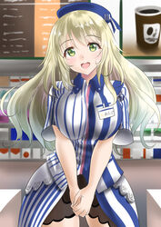  adapted_costume atago_(kancolle) beret blonde_hair breasts commentary_request employee_uniform female green_eyes hat indoors kantai_collection kasugano_tobari large_breasts lawson long_hair looking_at_viewer name_tag no_legwear open_mouth short_sleeves smile solo striped teeth uniform v_arms 