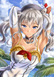  adapted_costume alternate_costume anchor_choker armpits arms_behind_head beret blue_eyes choker cloud cloudy_sky collarbone commentary_request day elbow_gloves female gloves grey_hair hat kantai_collection kashima_(kancolle) kasugano_tobari long_hair looking_at_viewer sky smile solo tan tanlines white_gloves 