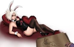  battle_bunny_riven black_dress bunny_ears drawing high_heels league_of_legends modeling pillow ribbon riven stockings the_grind_series white_hair 