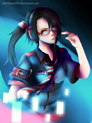  +_+ artist_name black_hair collared_shirt commentary deviantart_username english_commentary female glasses headphones highres internet_positif ipo-chan lips looking_at_viewer michimaru00 necktie open_mouth photoshop_(medium) red-framed_eyewear red_eyes shirt sidelocks solo watermark web_address 