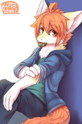  2017 anthro blush candy clothing cute dragon food fur furred_dragon hair hi_res hoodie hybrid kinniro kutto lollipop looking_at_viewer male orange_eyes orange_hair pants simple_background sitting solo white_background white_fur yellow_fur 